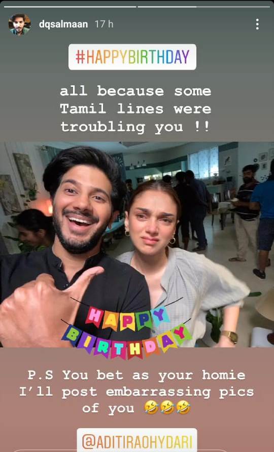 Dulquer Salmaan Pulling Legs Of Co-Star Aditi Rao Hydari By Sharing Cry Baby Pictures Of Her.