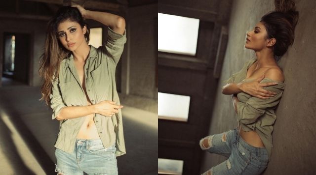 Mouni Roy Goes Sensuous In Unbuttoned Olive Green Shirt