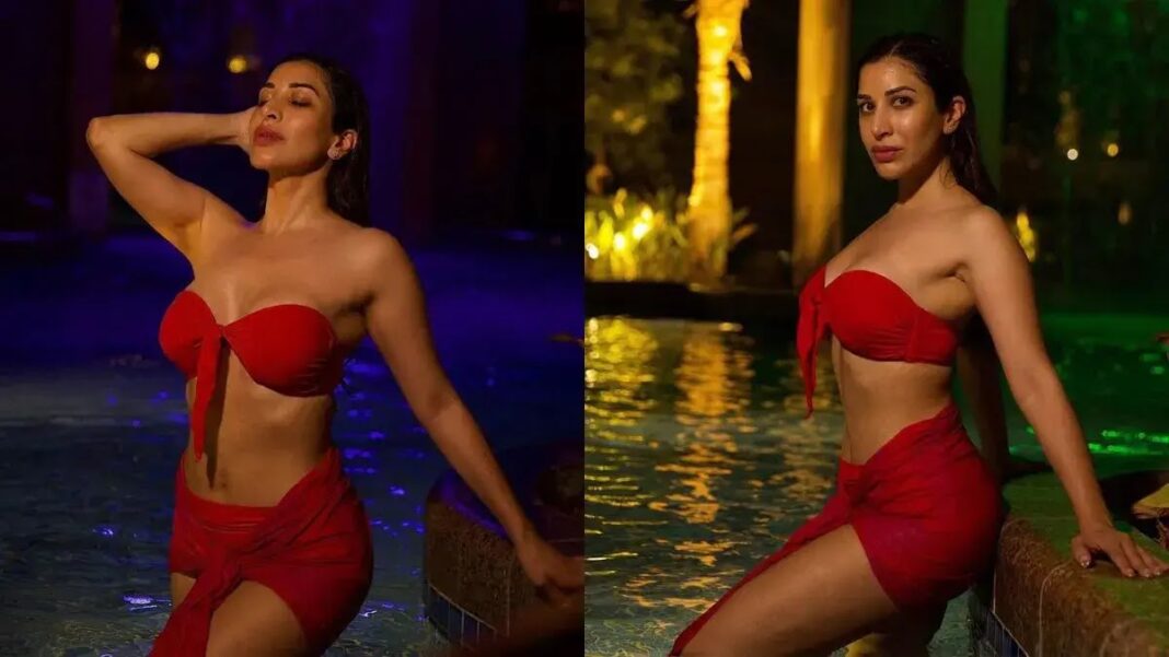 Sophie Choudry in red bikini poolside pics