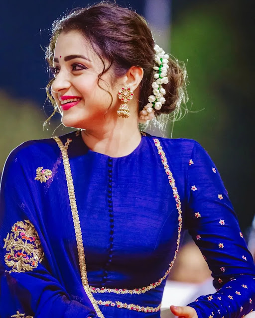 South actress Trisha in blue embroidered Anarkali suit