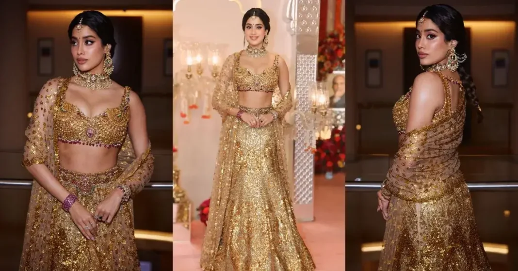 Janhvi Kapoor In A Golden Lehenga For Anant Radhika's Wedding.