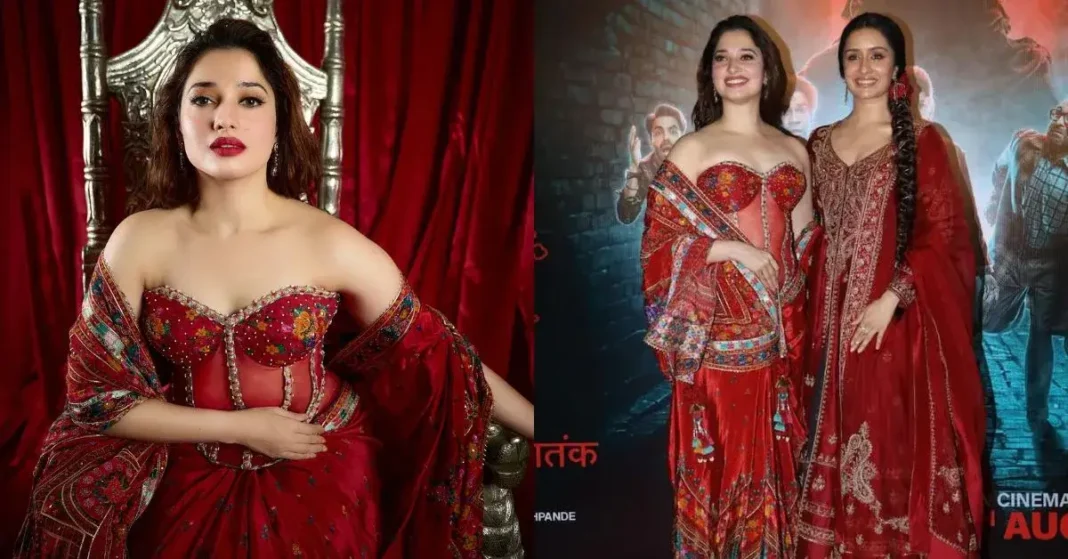 Tamannaah Bhatia Looks Sizzling In Red Corset Saree At Aaj Ki Raat' Song Launch From Stree 2.